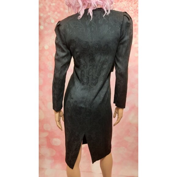 Vintage 80s David Warren Black Jaquard Long Sleeve Dress Size S Midi Sheath - Picture 10 of 12